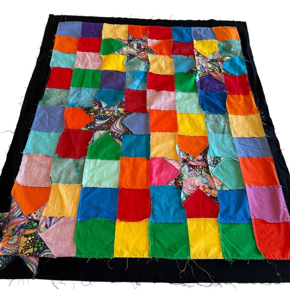 Handmade Rainbow Patchwork Quilt Top Psychedelic Star Applique 41x50 Black Trim - Picture 4 of 8